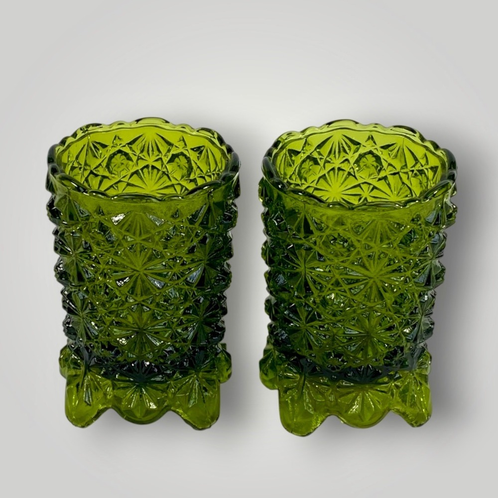 HOMCO Avocado Green Glass Votive Candle Holders Daisy Button Pair 1970s
